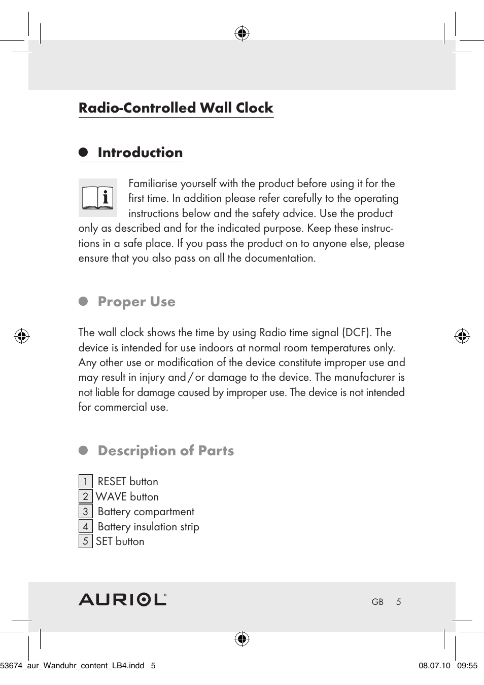 Radio-controlled wall clock, Introduction, Proper use | Description of parts | Auriol Z30300A_B User Manual | Page 3 / 65