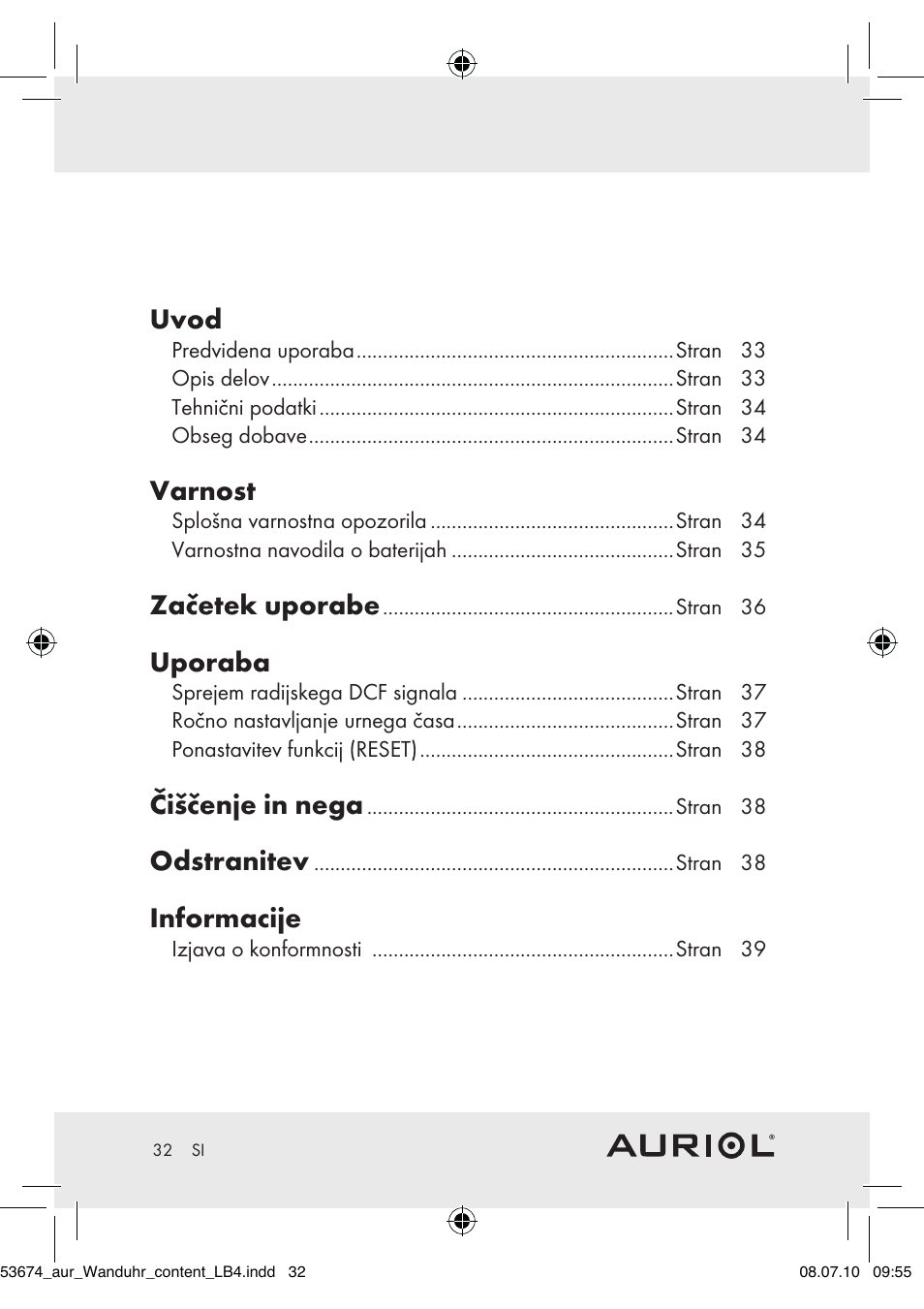 Uvod, Varnost, Začetek uporabe | Uporaba, Čiščenje in nega, Odstranitev, Informacije | Auriol Z30300A_B User Manual | Page 30 / 65