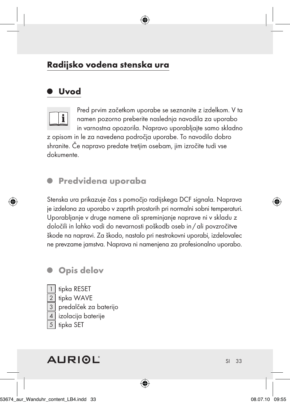 Radijsko vodena stenska ura, Uvod, Predvidena uporaba | Opis delov | Auriol Z30300A_B User Manual | Page 31 / 65