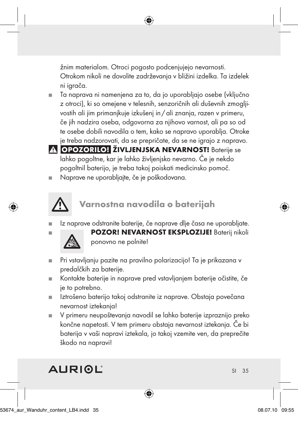 Varnostna navodila o baterijah | Auriol Z30300A_B User Manual | Page 33 / 65