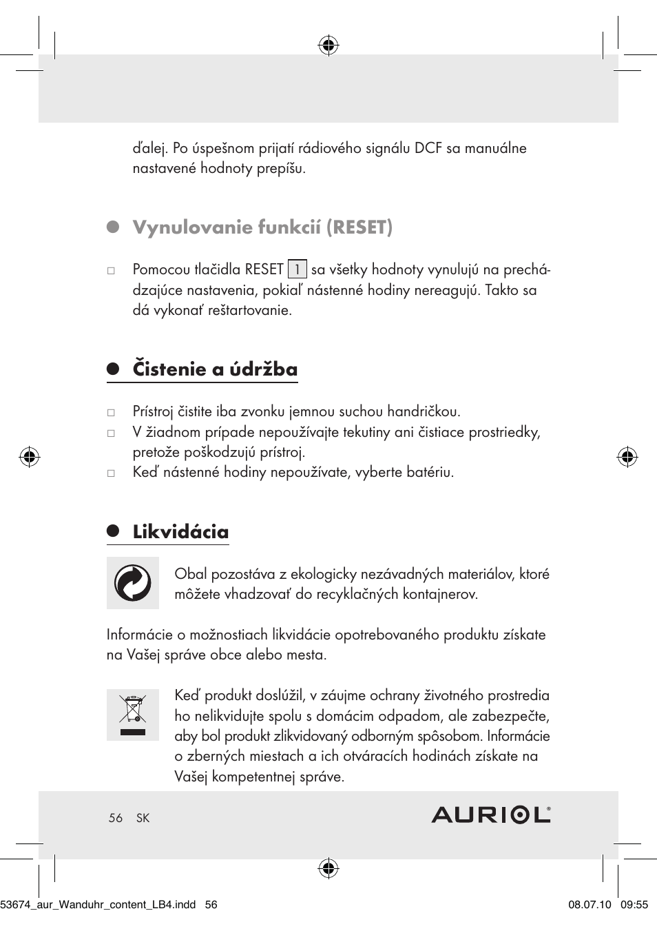 Vynulovanie funkcií (reset), Čistenie a údržba, Likvidácia | Auriol Z30300A_B User Manual | Page 54 / 65