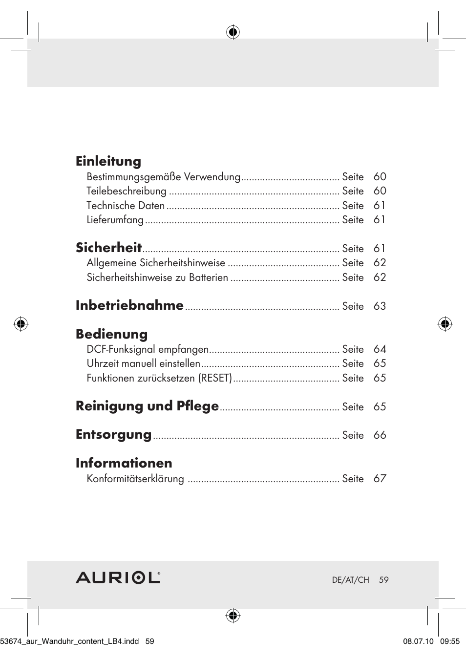 Einleitung, Sicherheit, Inbetriebnahme | Bedienung, Reinigung und pﬂege, Entsorgung, Informationen | Auriol Z30300A_B User Manual | Page 57 / 65