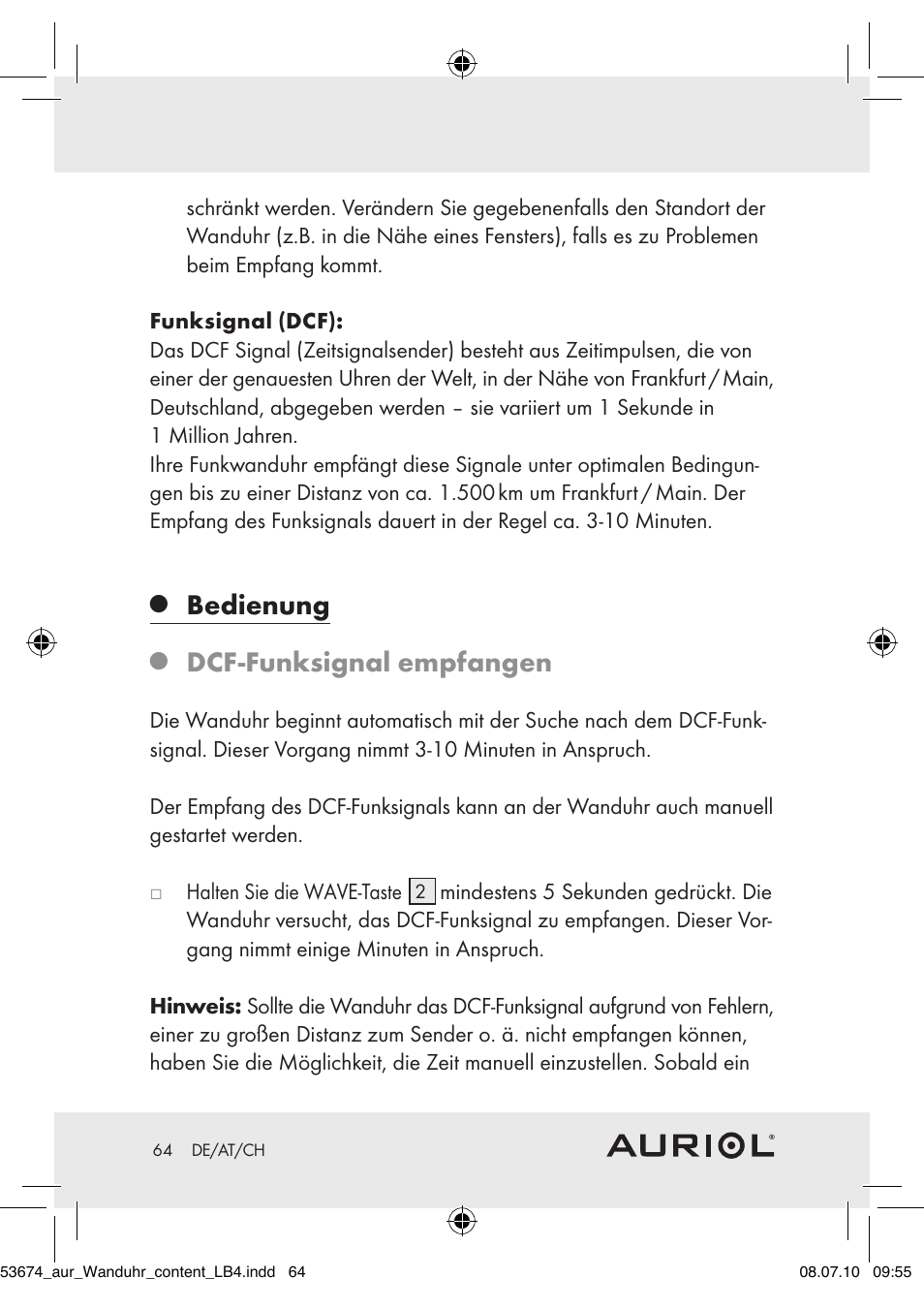 Bedienung, Dcf-funksignal empfangen | Auriol Z30300A_B User Manual | Page 62 / 65