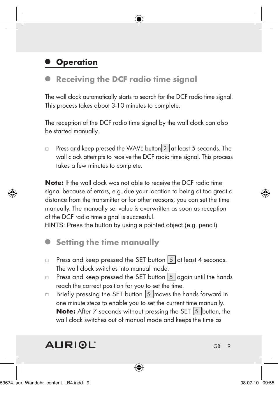 Operation, Receiving the dcf radio time signal, Setting the time manually | Auriol Z30300A_B User Manual | Page 7 / 65