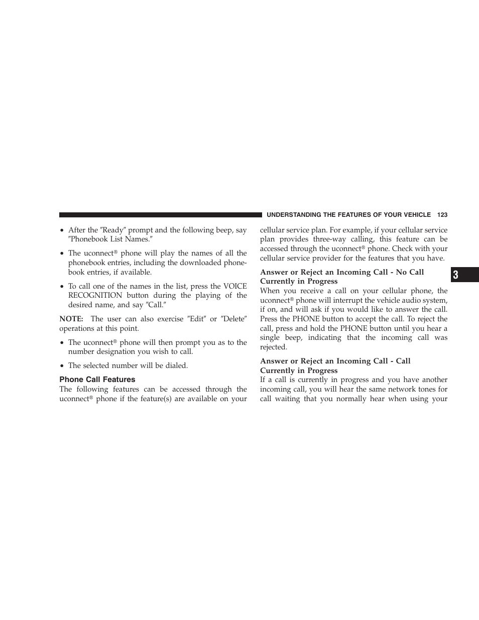 Phone call features | Dodge 2009 Caravan User Manual | Page 125 / 535