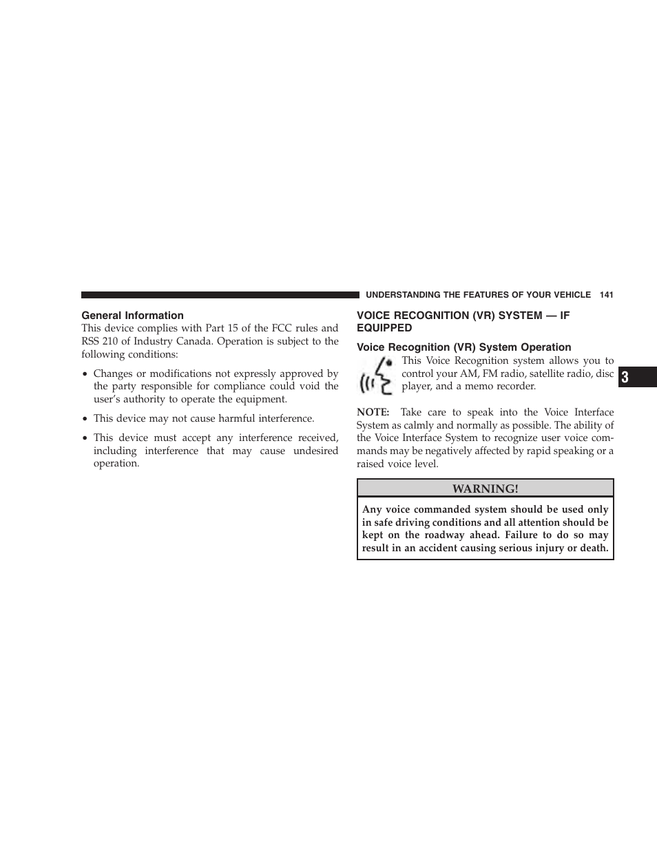 General information, Voice recognition (vr) system - if equipped, Voice recognition (vr) system operation | Voice recognition (vr) system — if, Equipped | Dodge 2009 Caravan User Manual | Page 143 / 535