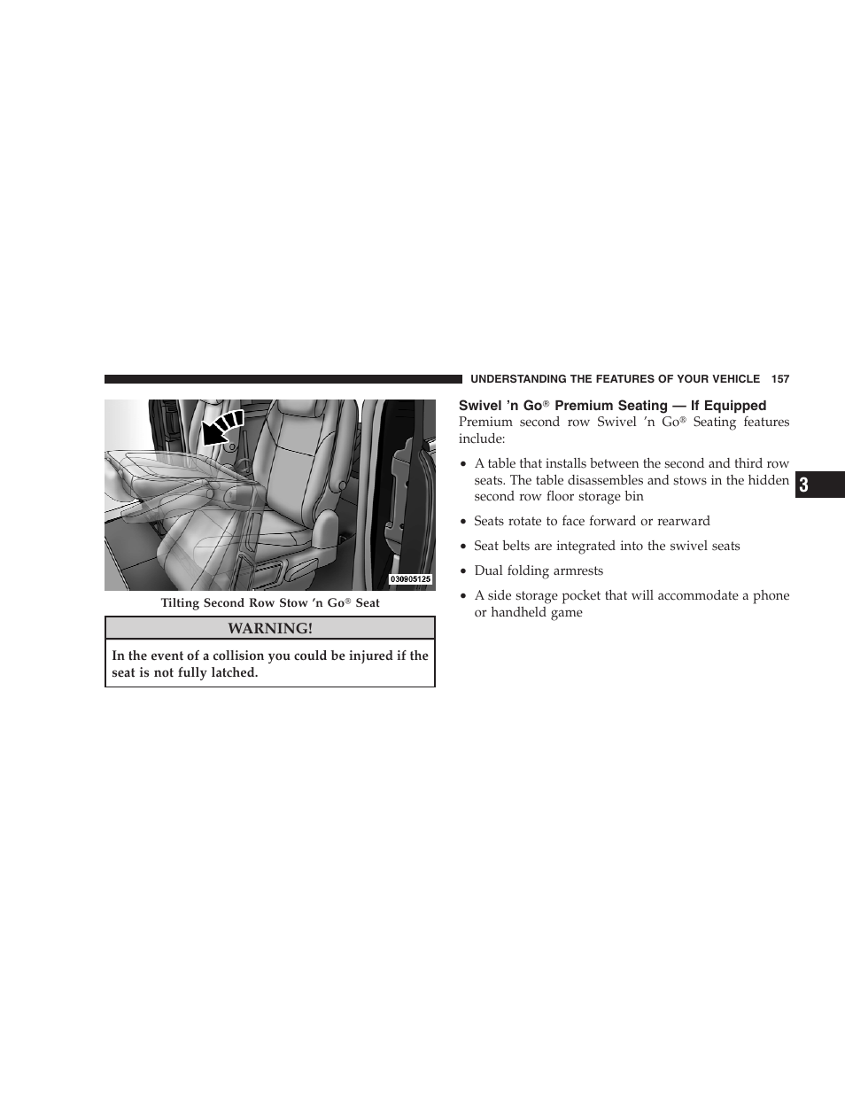 Swivel n go premium seating - if equipped, Swivel ’n go௡ premium seating — if, Equipped | Dodge 2009 Caravan User Manual | Page 159 / 535