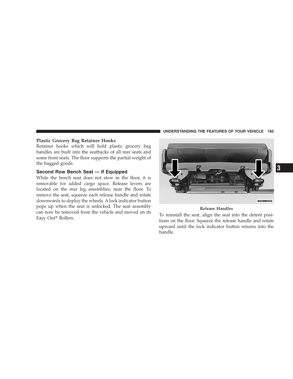 Second row bench seat - if equipped, Second row bench seat — if equipped | Dodge 2009 Caravan User Manual | Page 167 / 535