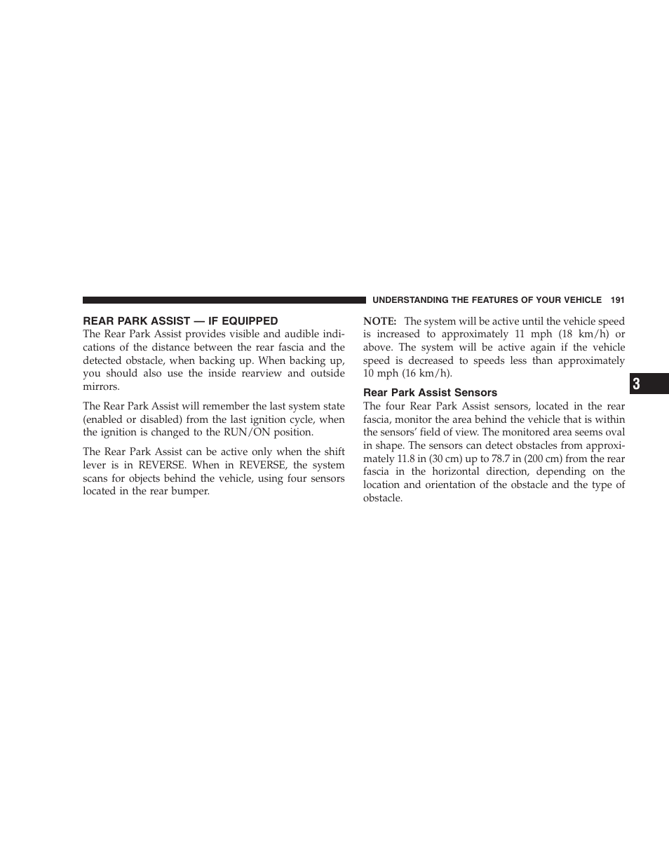 Rear park assist - if equipped, Rear park assist sensors, Rear park assist — if equipped | Dodge 2009 Caravan User Manual | Page 193 / 535