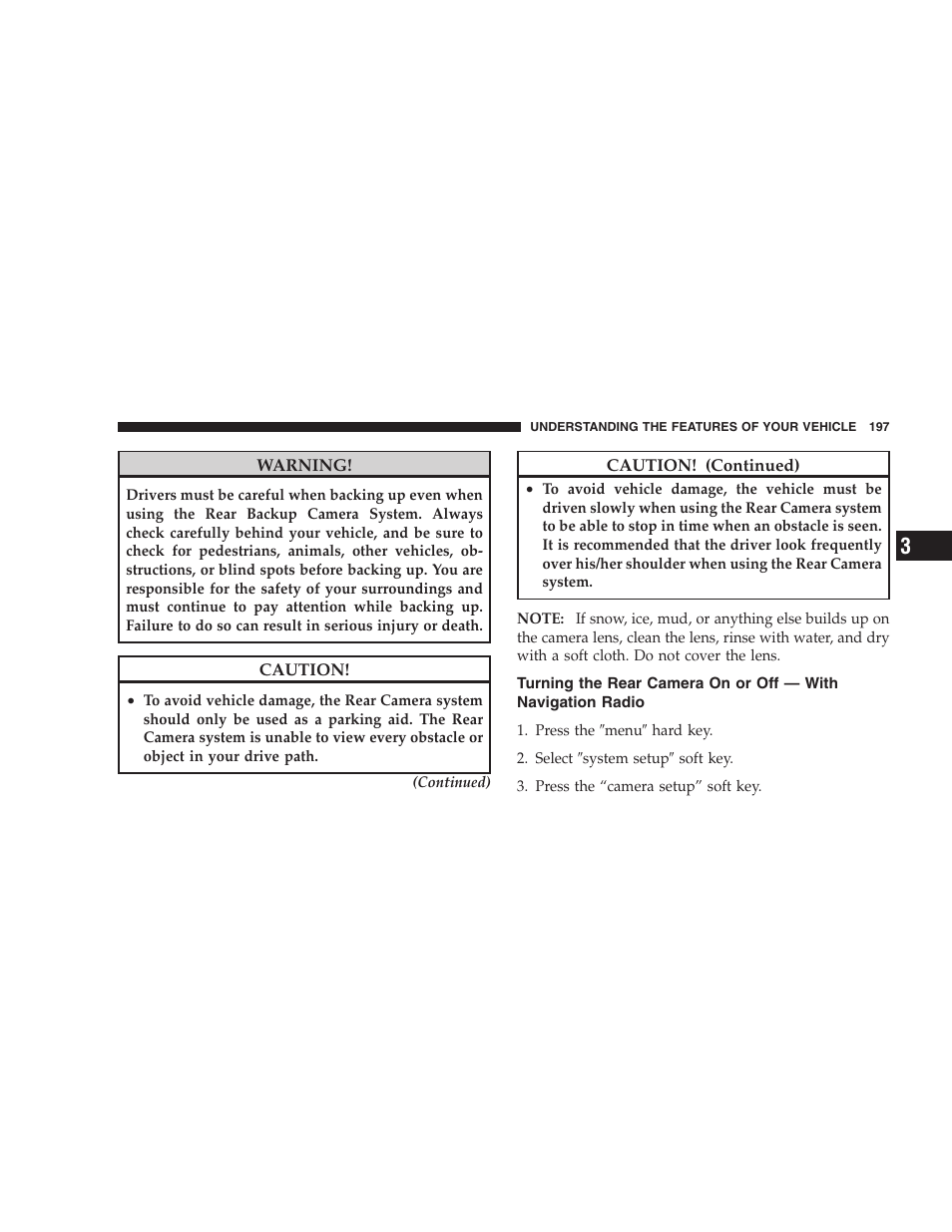Turning the rear camera on or off — with, Navigation radio | Dodge 2009 Caravan User Manual | Page 199 / 535