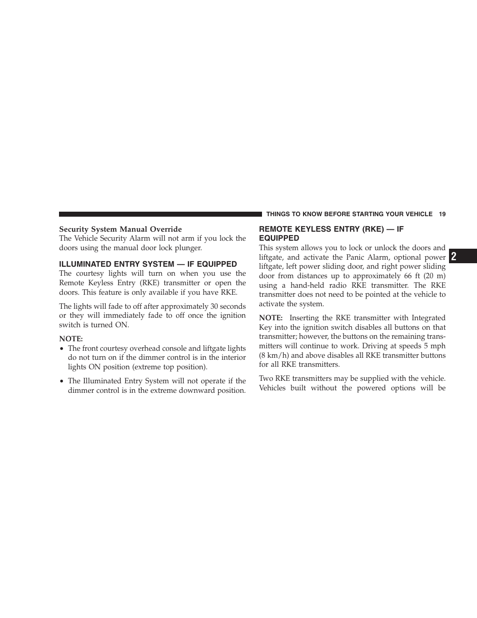 Illuminated entry system - if equipped, Remote keyless entry (rke) - if equipped, Illuminated entry system — if equipped | Remote keyless entry (rke) — if equipped | Dodge 2009 Caravan User Manual | Page 21 / 535