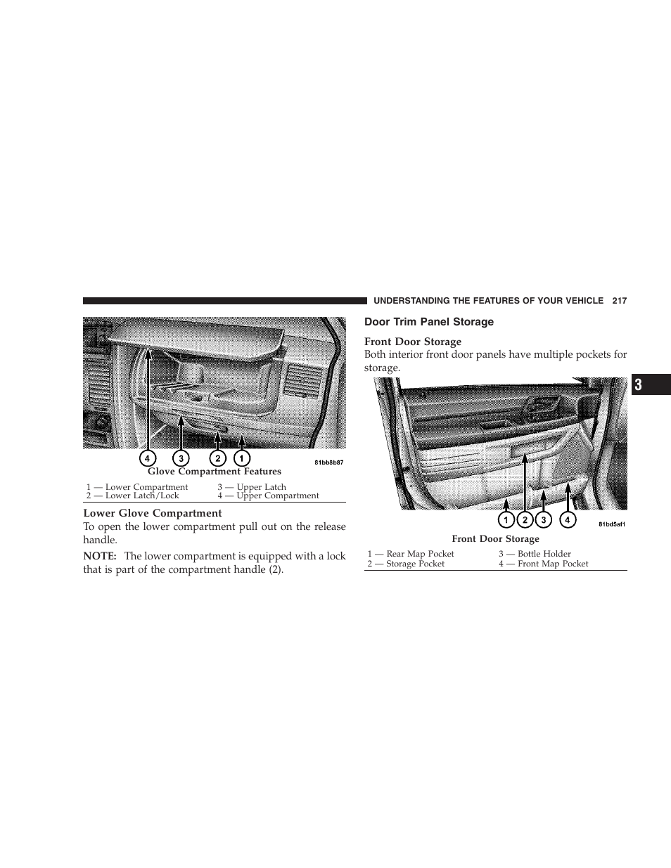 Door trim panel storage | Dodge 2009 Caravan User Manual | Page 219 / 535