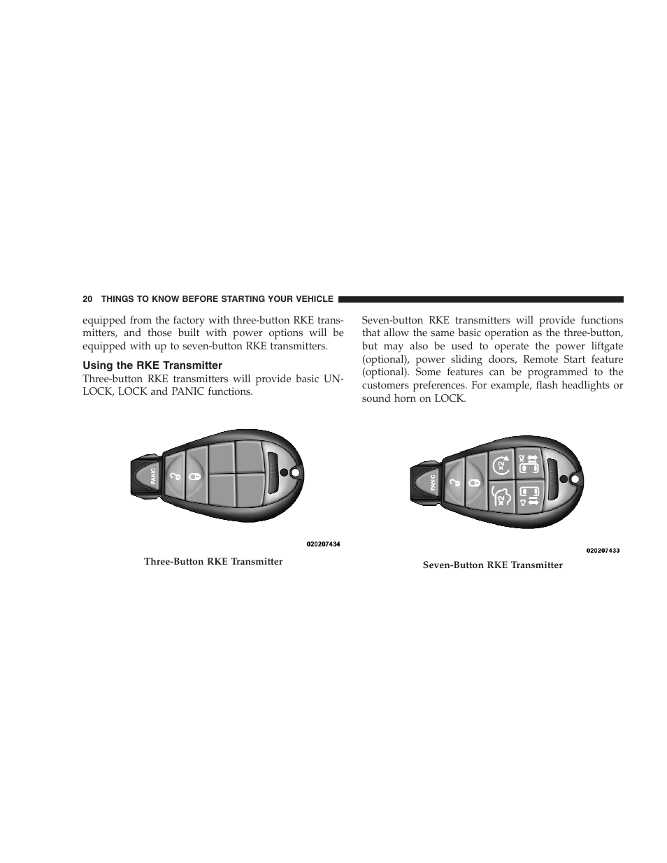 Using the rke transmitter | Dodge 2009 Caravan User Manual | Page 22 / 535