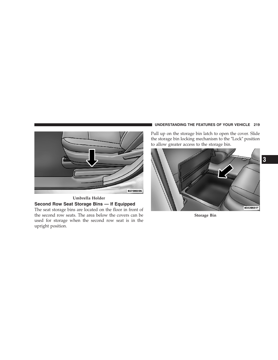Second row seat storage bins - if equipped, Second row seat storage bins — if, Equipped | Dodge 2009 Caravan User Manual | Page 221 / 535