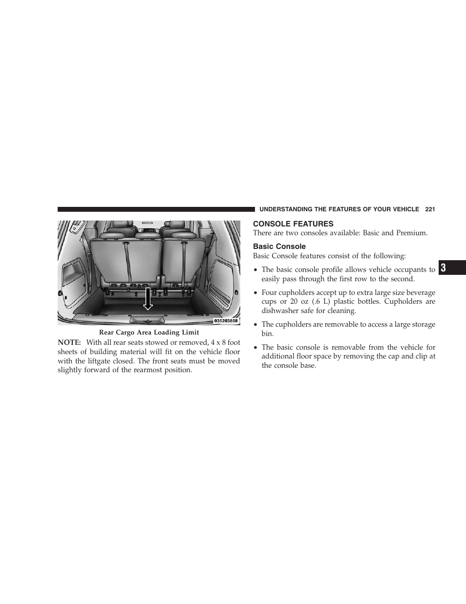 Console features, Basic console | Dodge 2009 Caravan User Manual | Page 223 / 535