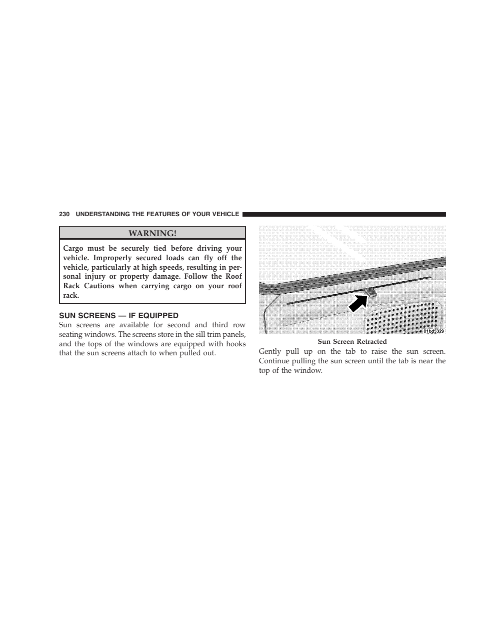 Sun screens - if equipped, Sun screens — if equipped | Dodge 2009 Caravan User Manual | Page 232 / 535