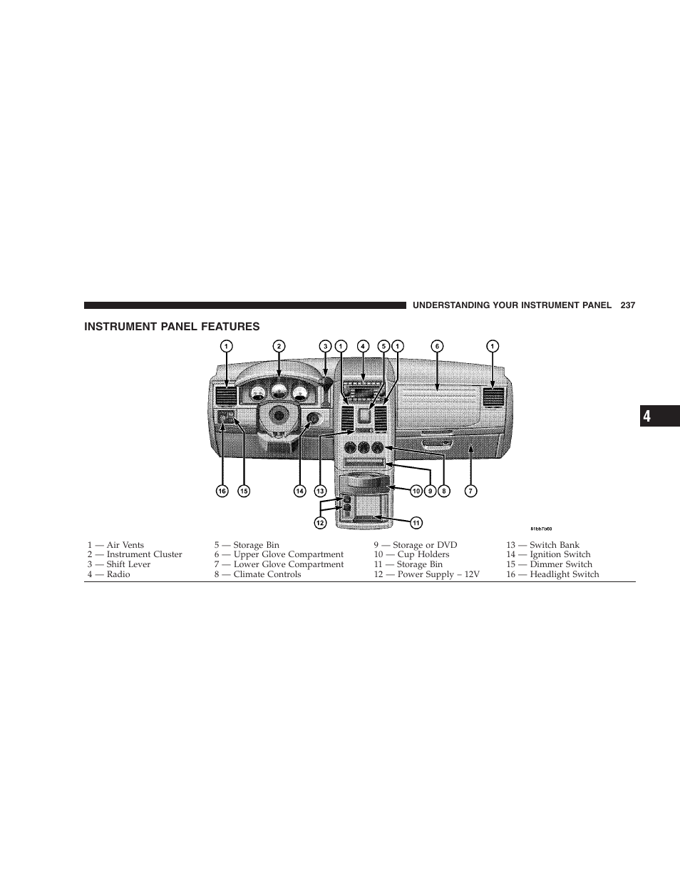 Instrument panel features | Dodge 2009 Caravan User Manual | Page 239 / 535