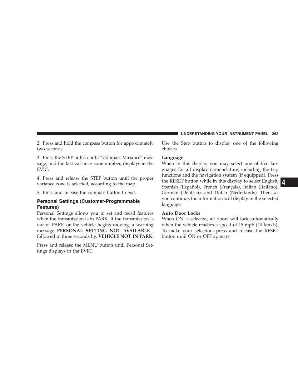 Personal settings (customer-programmable features), Personal settings, Customer-programmable features) | Dodge 2009 Caravan User Manual | Page 265 / 535