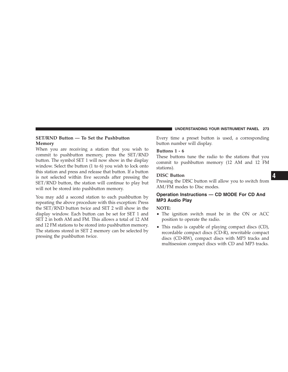 Operation instructions — cd mode for cd, And mp3 audio play | Dodge 2009 Caravan User Manual | Page 275 / 535