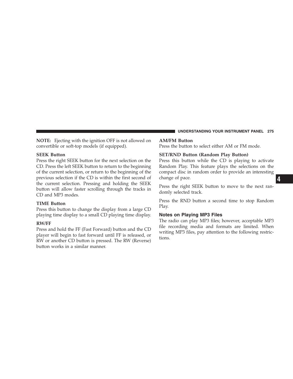 Notes on playing mp3 files | Dodge 2009 Caravan User Manual | Page 277 / 535