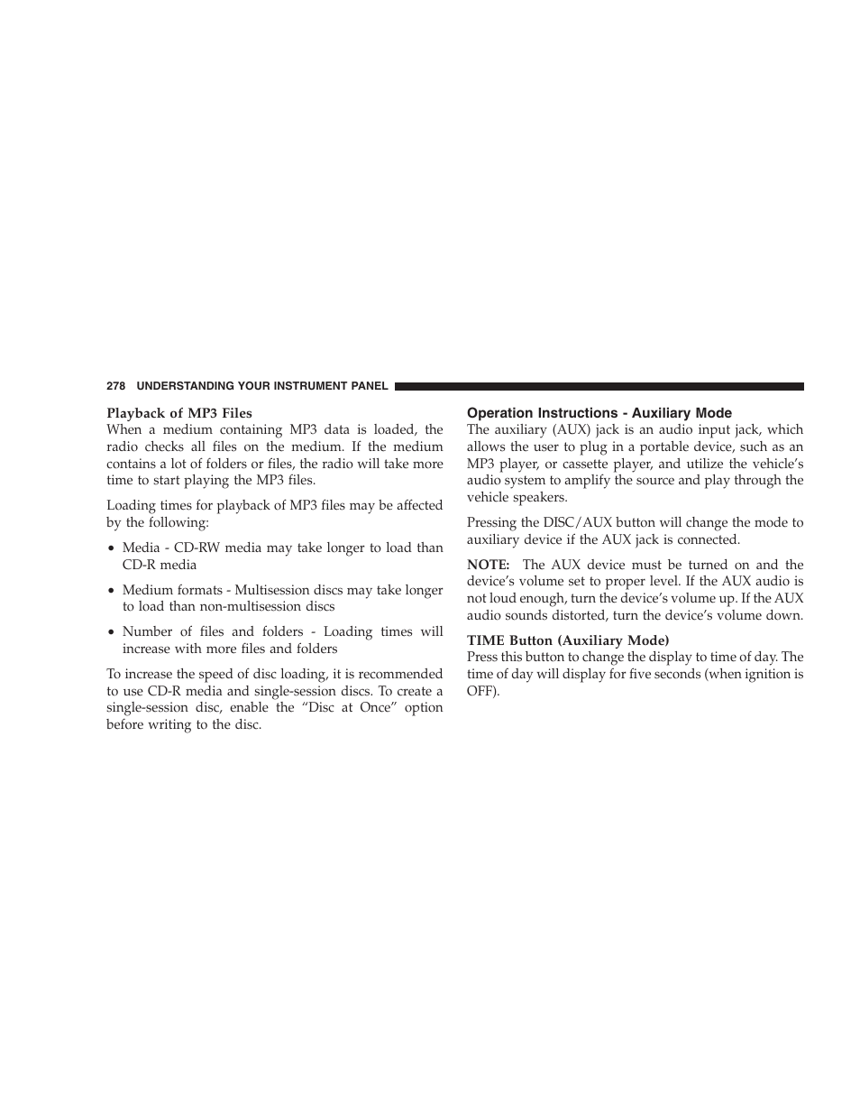 Operation instructions - auxiliary mode | Dodge 2009 Caravan User Manual | Page 280 / 535