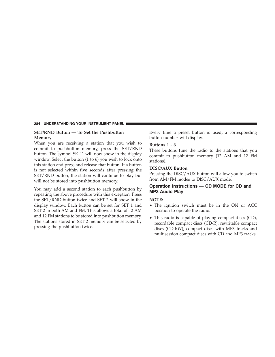 Operation instructions — cd mode for cd, And mp3 audio play | Dodge 2009 Caravan User Manual | Page 286 / 535