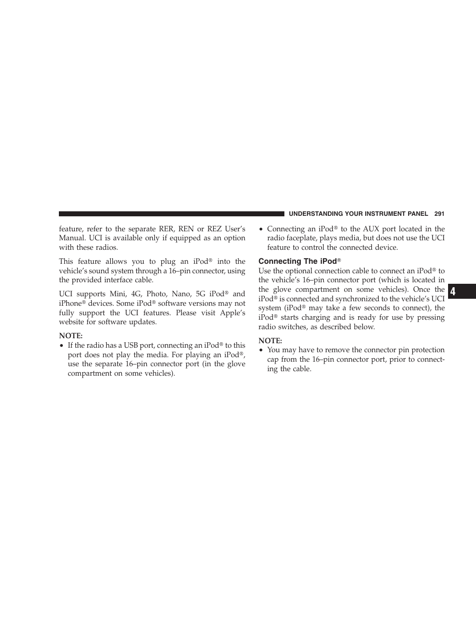 Connecting the ipod | Dodge 2009 Caravan User Manual | Page 293 / 535
