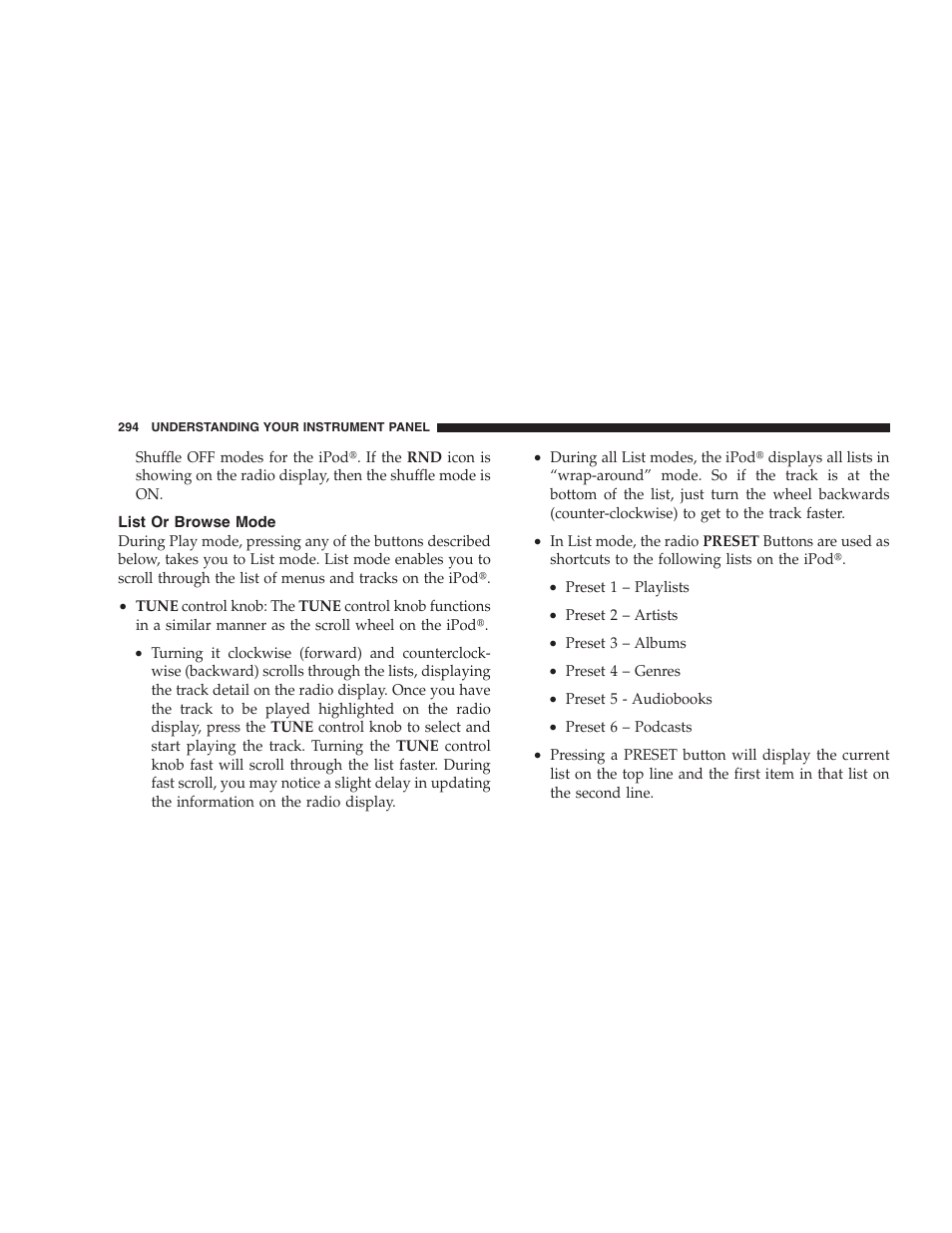 List or browse mode | Dodge 2009 Caravan User Manual | Page 296 / 535