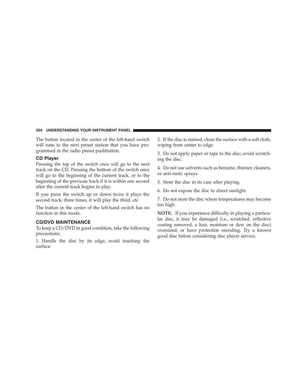 Cd player, Cd/dvd maintenance | Dodge 2009 Caravan User Manual | Page 306 / 535