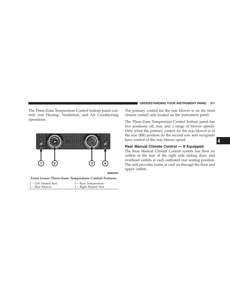 Rear manual climate control - if equipped, Rear manual climate control — if, Equipped | Dodge 2009 Caravan User Manual | Page 313 / 535