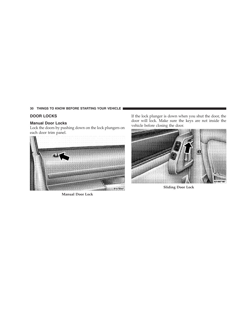 Door locks, Manual door locks | Dodge 2009 Caravan User Manual | Page 32 / 535