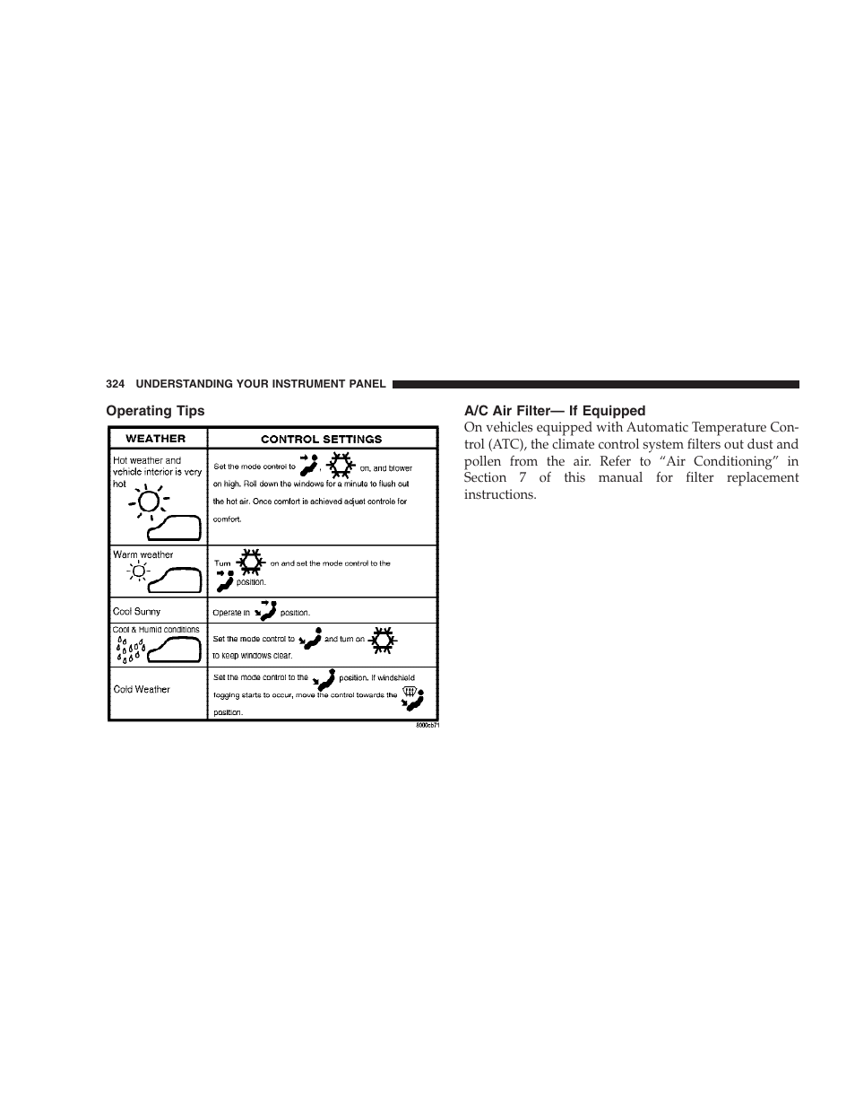 Operating tips, A/c air filter- if equipped, Winter operation | Vacation/storage, Window fogging, Outside air intake, A/c air filter— if equipped | Dodge 2009 Caravan User Manual | Page 326 / 535