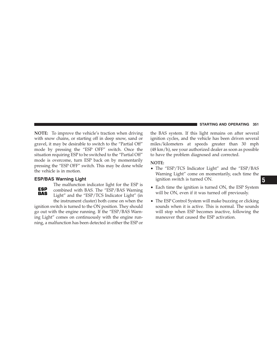 Esp/bas warning light | Dodge 2009 Caravan User Manual | Page 353 / 535