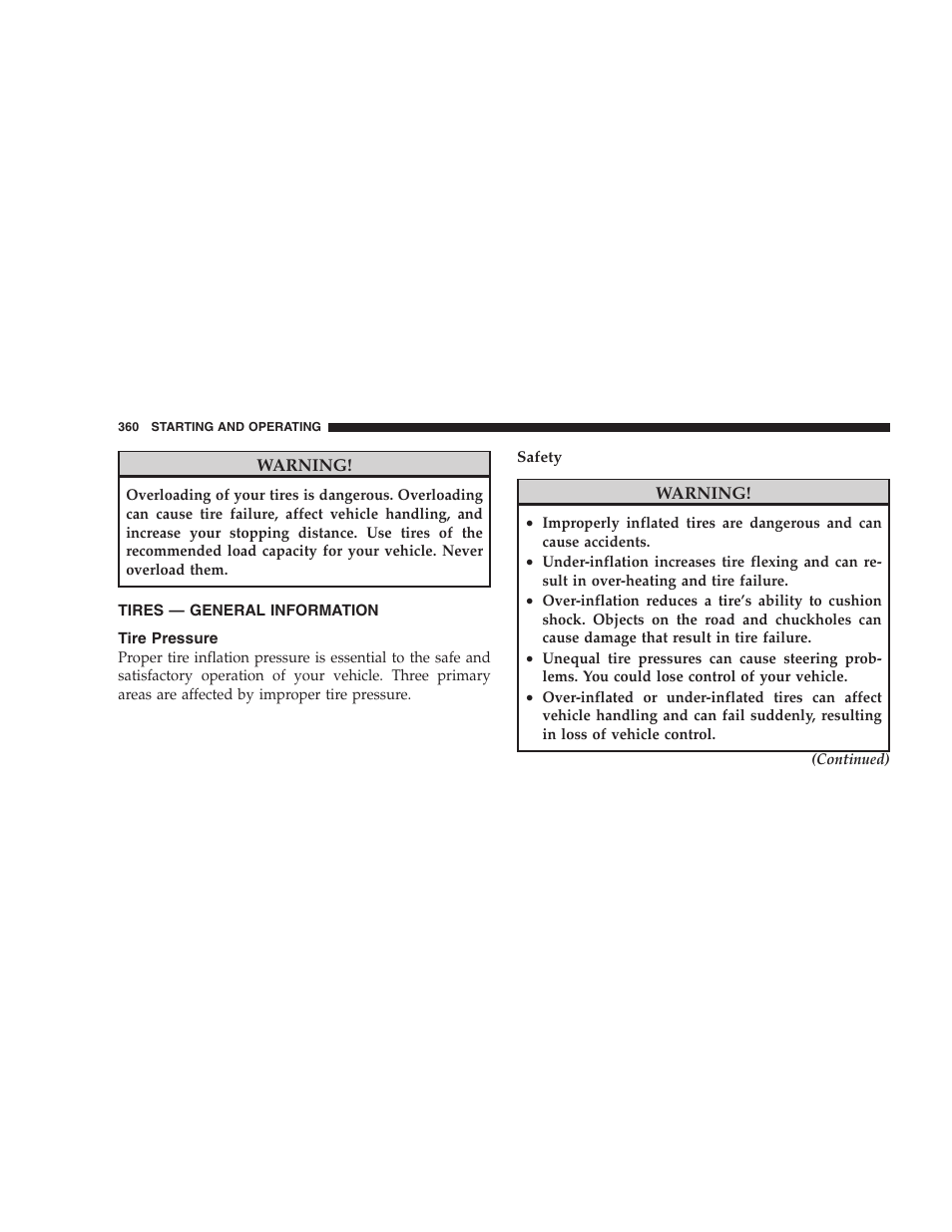 Tires - general information, Tire pressure, Tires — general information | Dodge 2009 Caravan User Manual | Page 362 / 535