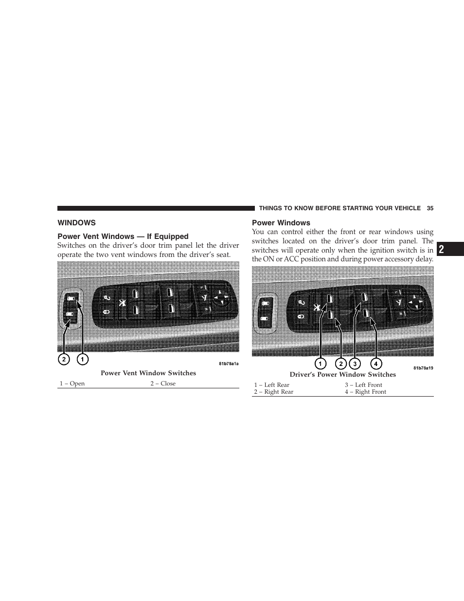 Windows, Power vent windows - if equipped, Power windows | Power vent windows — if equipped | Dodge 2009 Caravan User Manual | Page 37 / 535