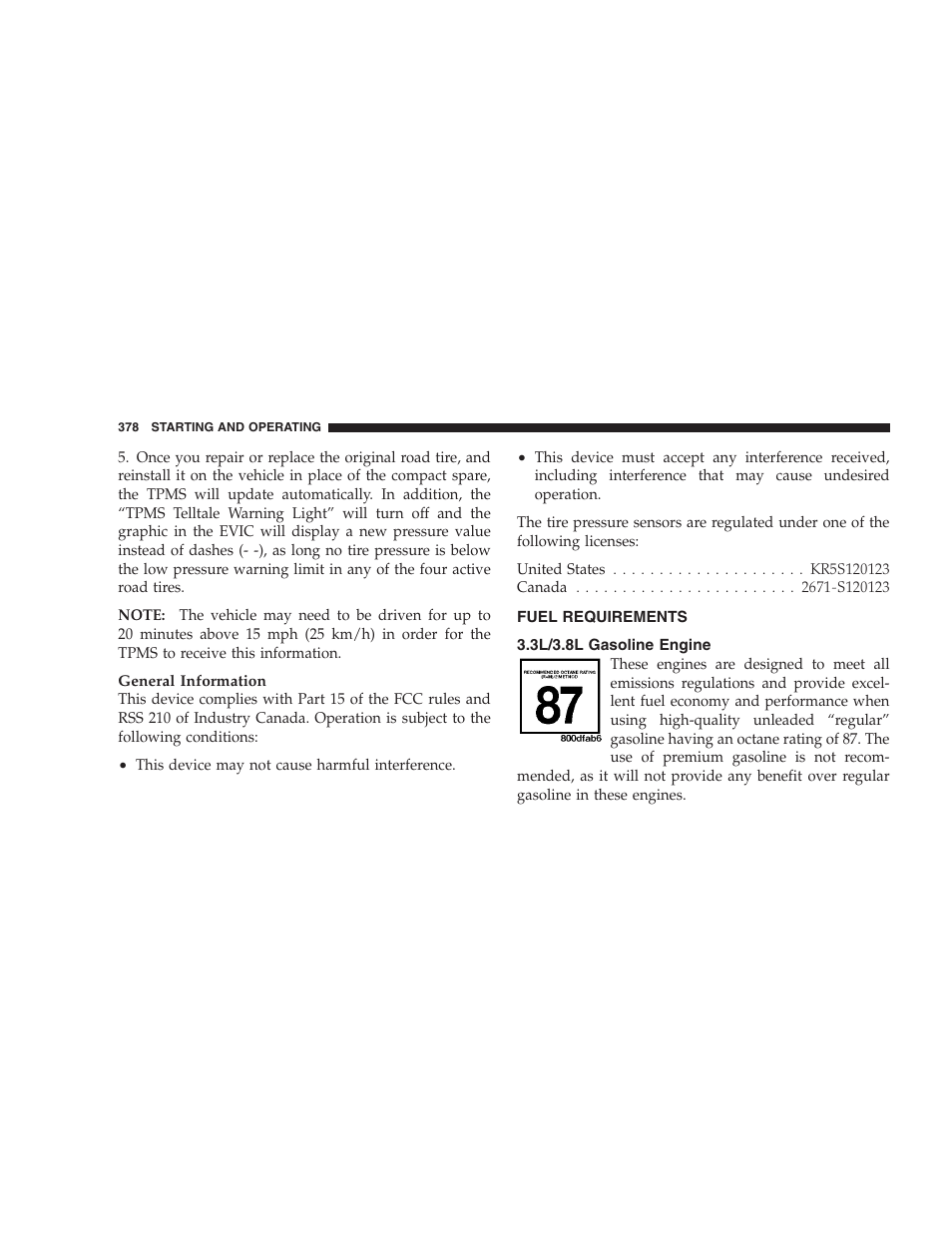 Fuel requirements, 3l/3.8l gasoline engine | Dodge 2009 Caravan User Manual | Page 380 / 535