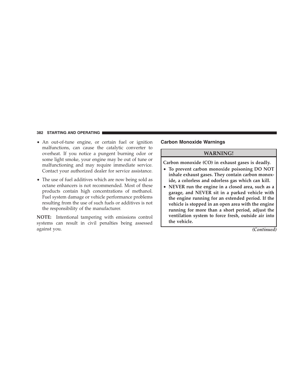 Carbon monoxide warnings | Dodge 2009 Caravan User Manual | Page 384 / 535