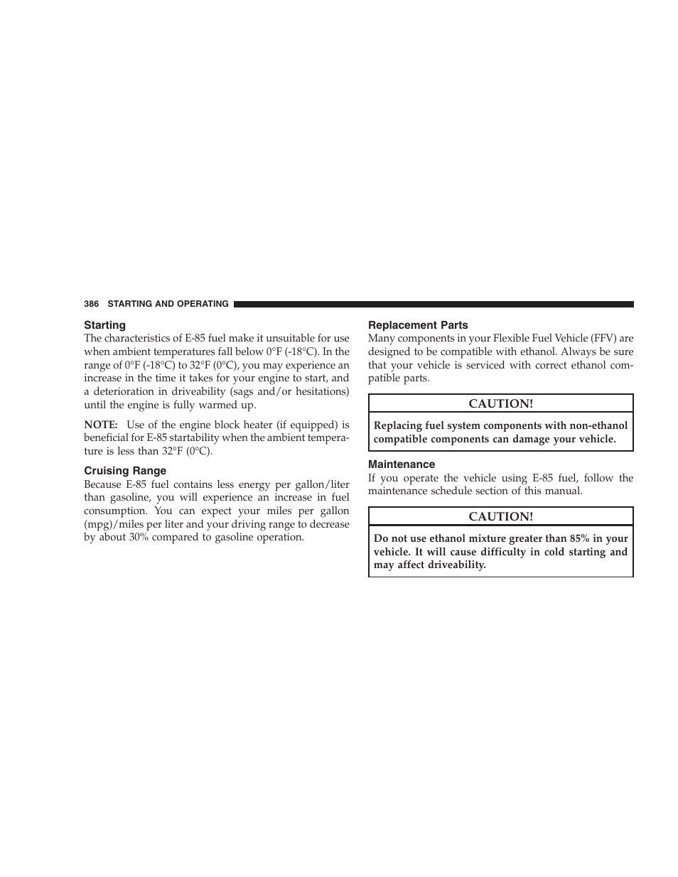 Starting, Cruising range, Replacement parts | Maintenance | Dodge 2009 Caravan User Manual | Page 388 / 535