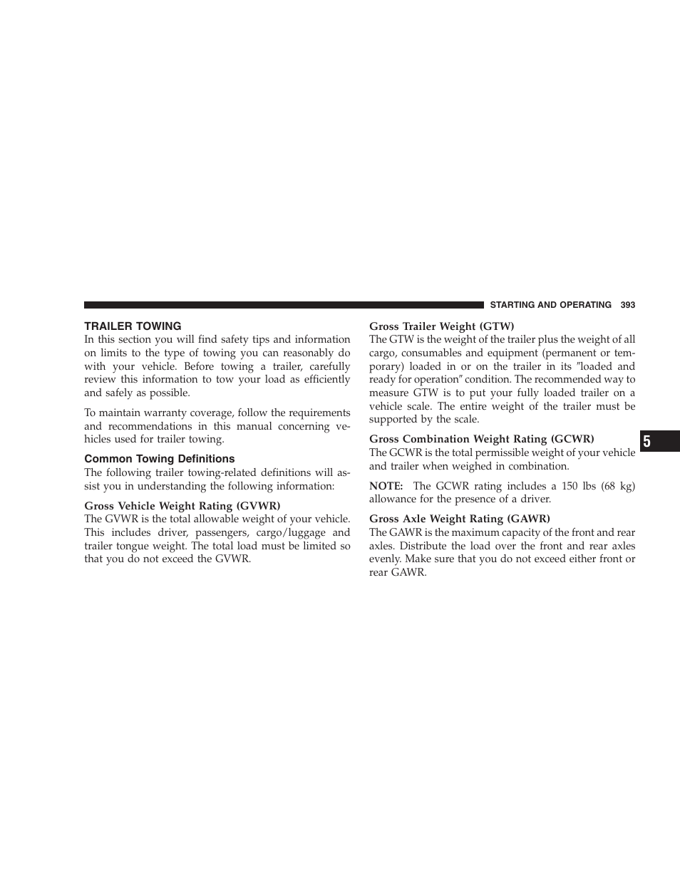 Trailer towing, Common towing definitions | Dodge 2009 Caravan User Manual | Page 395 / 535