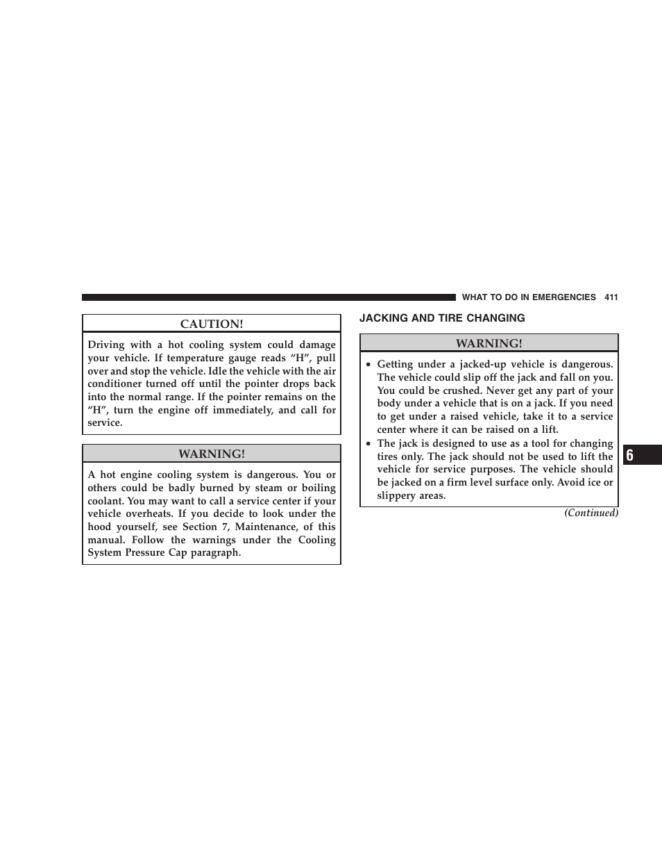 Jacking and tire changing | Dodge 2009 Caravan User Manual | Page 413 / 535