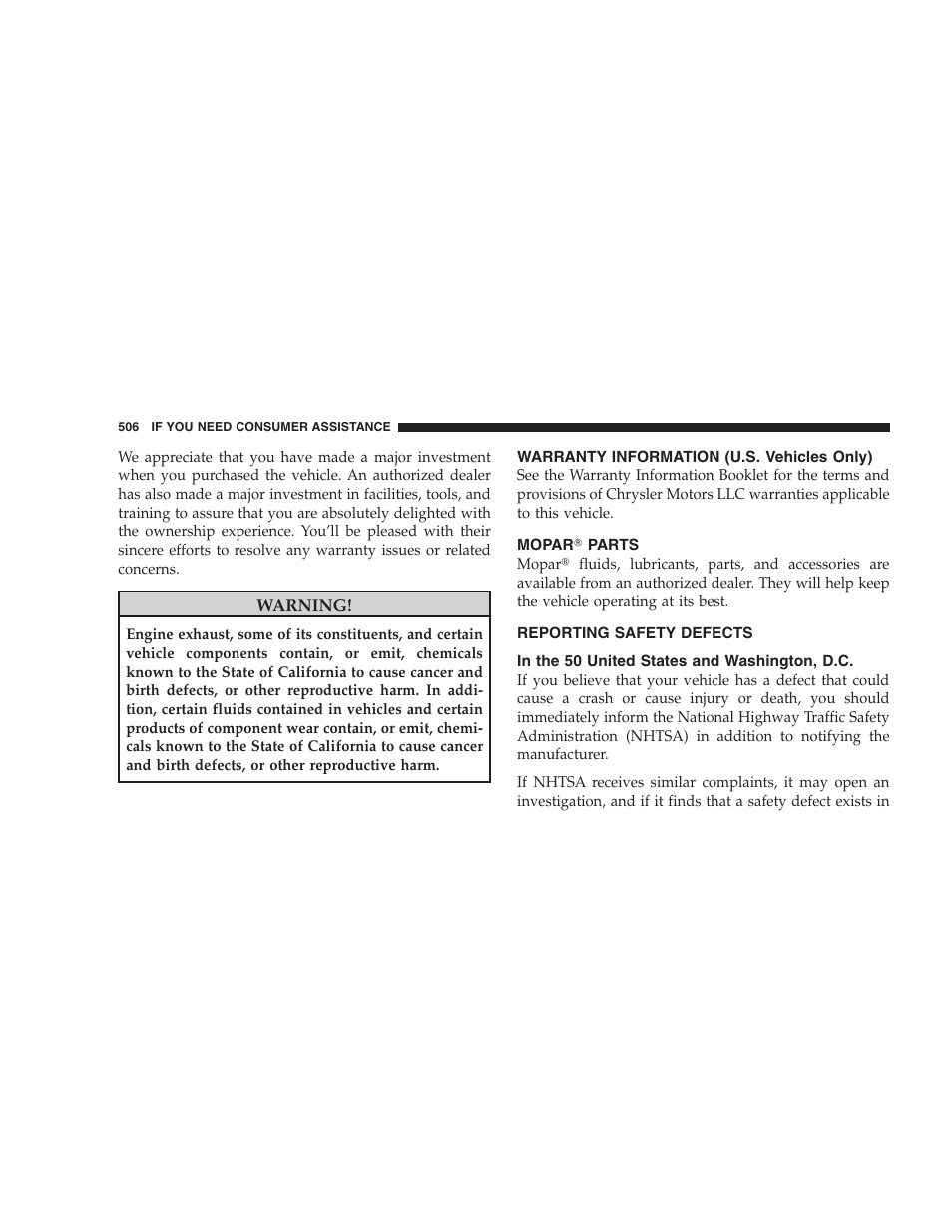 Warranty information (u.s. vehicles only), Mopar parts, Reporting safety defects | In the 50 united states and washington, d.c, Mopar௡ parts, In the 50 united states and washington | Dodge 2009 Caravan User Manual | Page 508 / 535