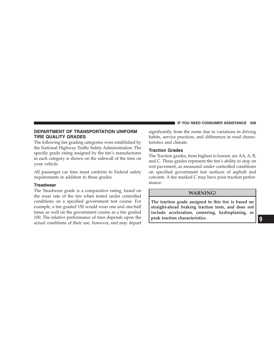 Treadwear, Traction grades, Department of transportation uniform tire | Quality grades | Dodge 2009 Caravan User Manual | Page 511 / 535