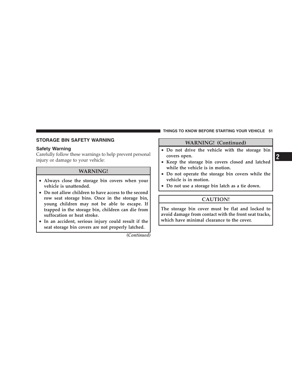 Storage bin safety warning, Safety warning | Dodge 2009 Caravan User Manual | Page 53 / 535