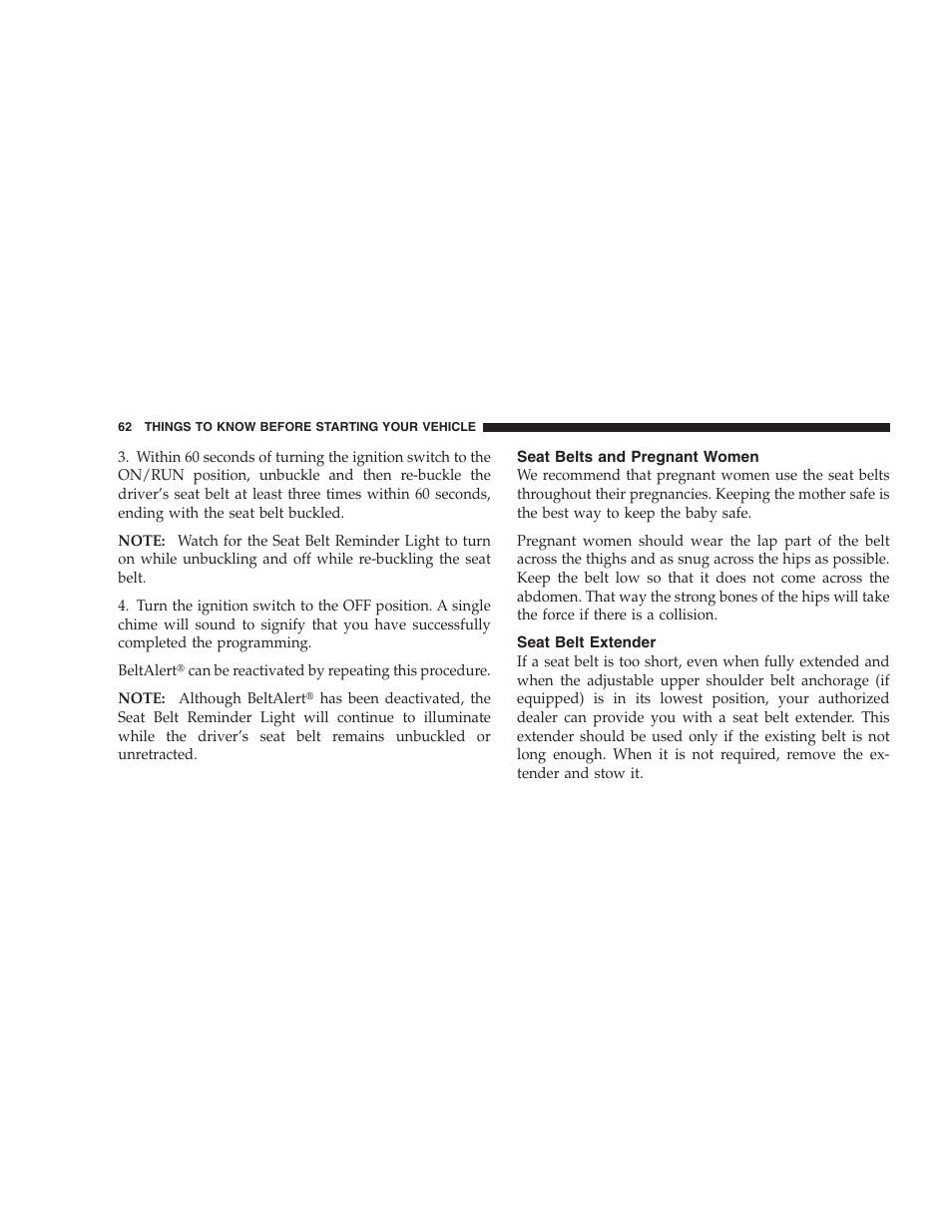 Seat belts and pregnant women, Seat belt extender | Dodge 2009 Caravan User Manual | Page 64 / 535