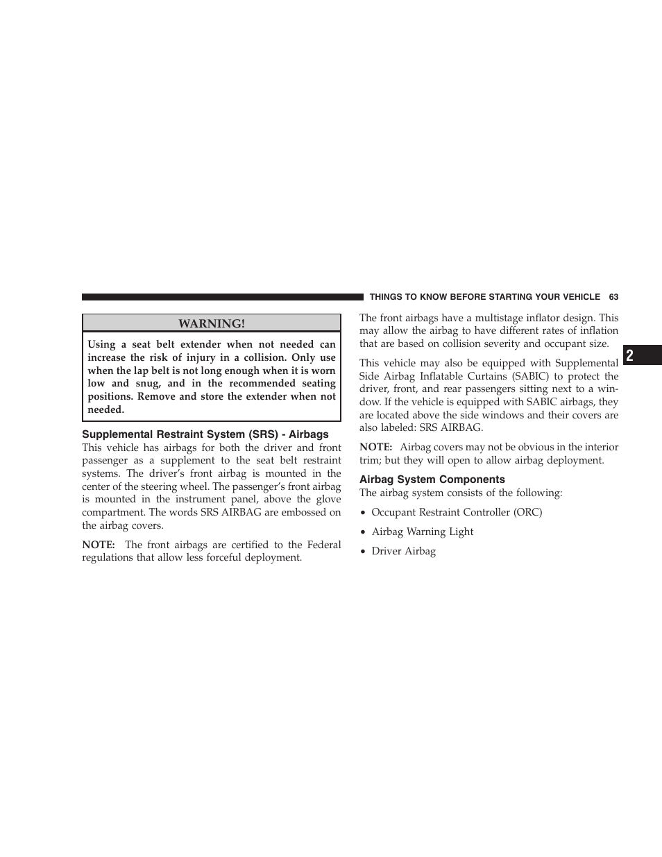 Supplemental restraint system (srs) - airbags, Airbag system components, Supplemental restraint system (srs) | Airbags | Dodge 2009 Caravan User Manual | Page 65 / 535