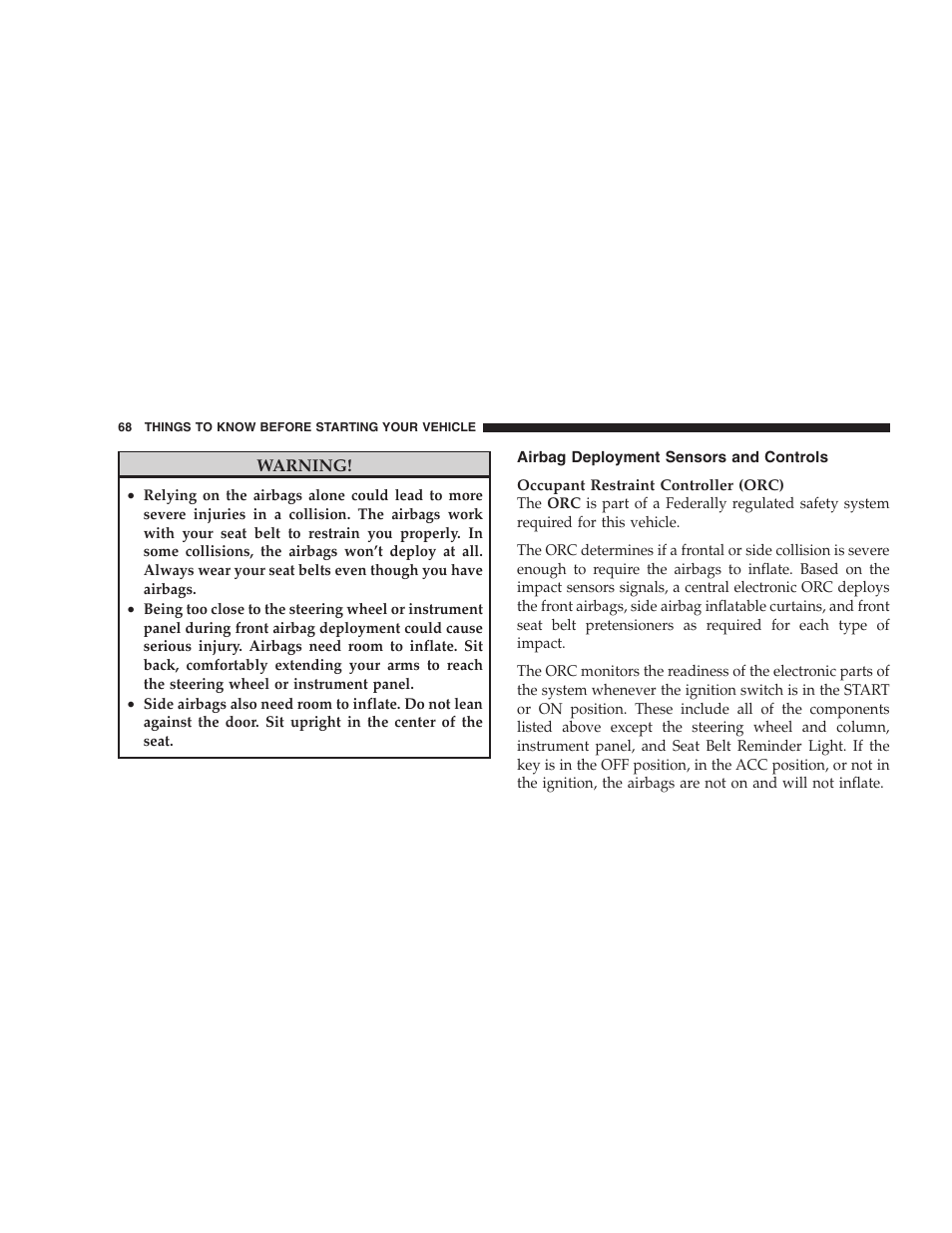 Airbag deployment sensors and controls | Dodge 2009 Caravan User Manual | Page 70 / 535
