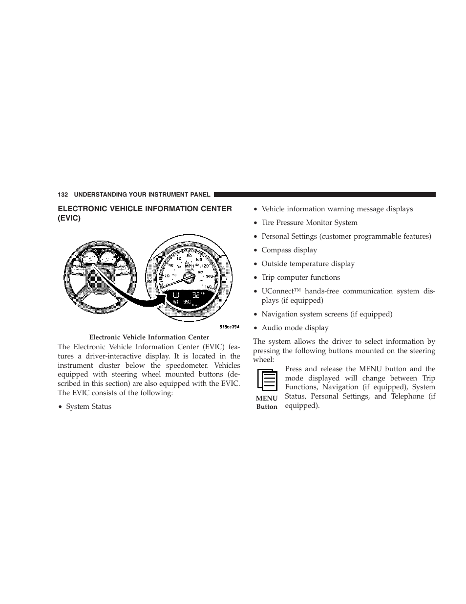 Electronic vehicle information center (evic) | Dodge 2007 Charger SRT8 User Manual | Page 132 / 352