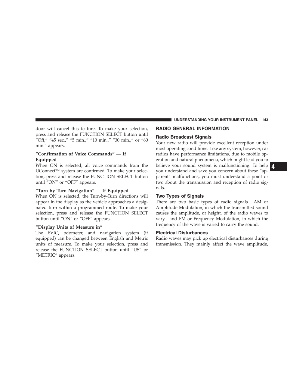 Radio general information, Radio broadcast signals, Two types of signals | Electrical disturbances | Dodge 2007 Charger SRT8 User Manual | Page 143 / 352