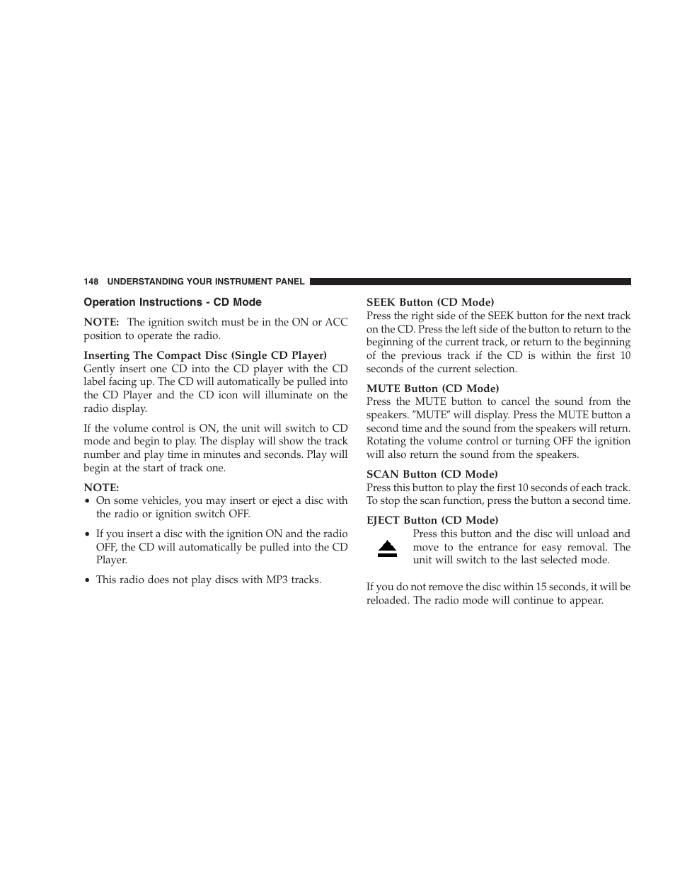 Operation instructions - cd mode | Dodge 2007 Charger SRT8 User Manual | Page 148 / 352