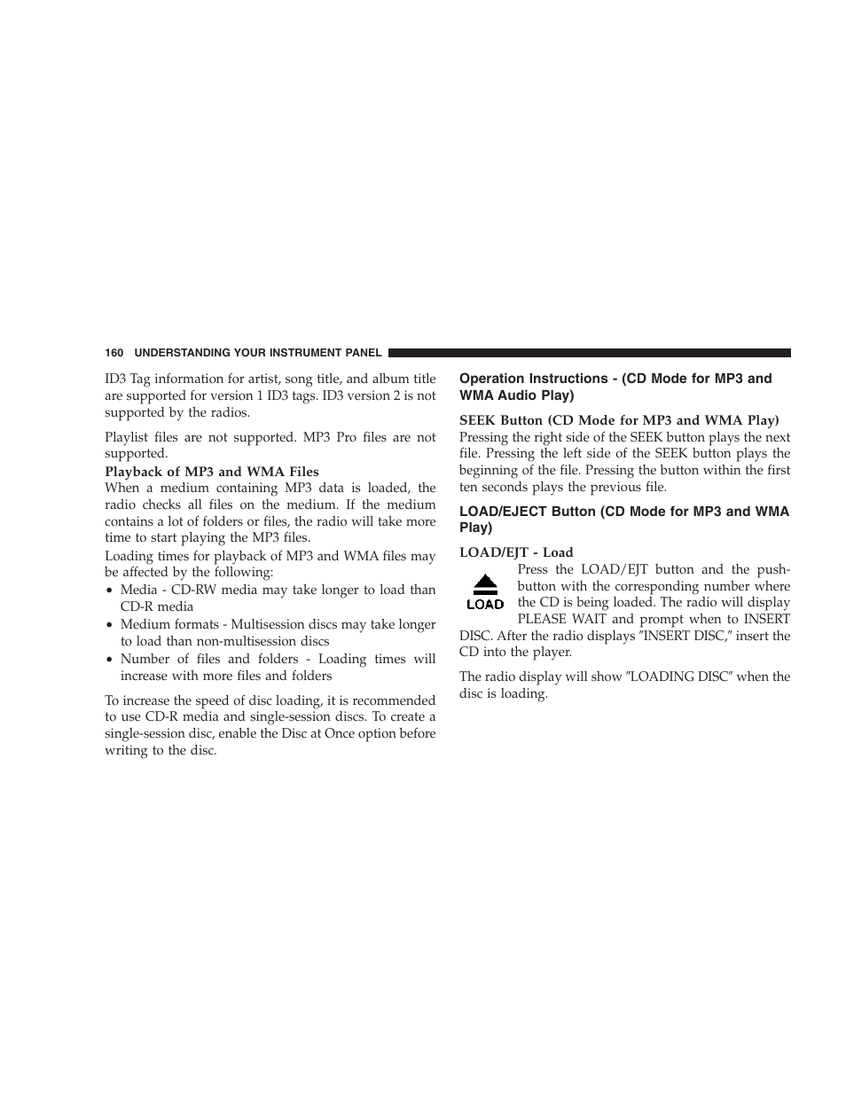 Operation instructions - (cd mode for mp3 and, Wma audio play), Load/eject button (cd mode for mp3 and | Wma play) | Dodge 2007 Charger SRT8 User Manual | Page 160 / 352